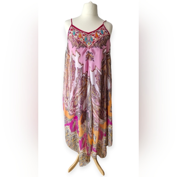 Kas New York Pink Paisley Print Embroidered Chiffon Hanky Hem Maxi Dress Size XL - Picture 3 of 12